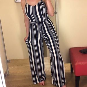 Stripe jumpsuit w/ leg slits